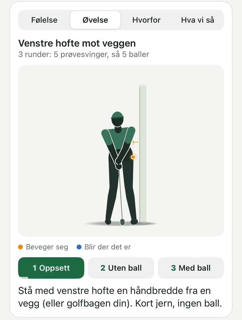Øvelse-fanen i SwingLuck: «Venstre hofte mot veggen», med video, fargeforklaring og tre steg.